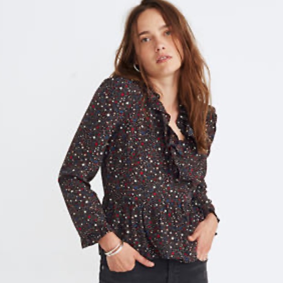 Madewell Tops - Madewell 100% Silk Ruffle Hem Wrap Top in Starry Night Blouse Size XS